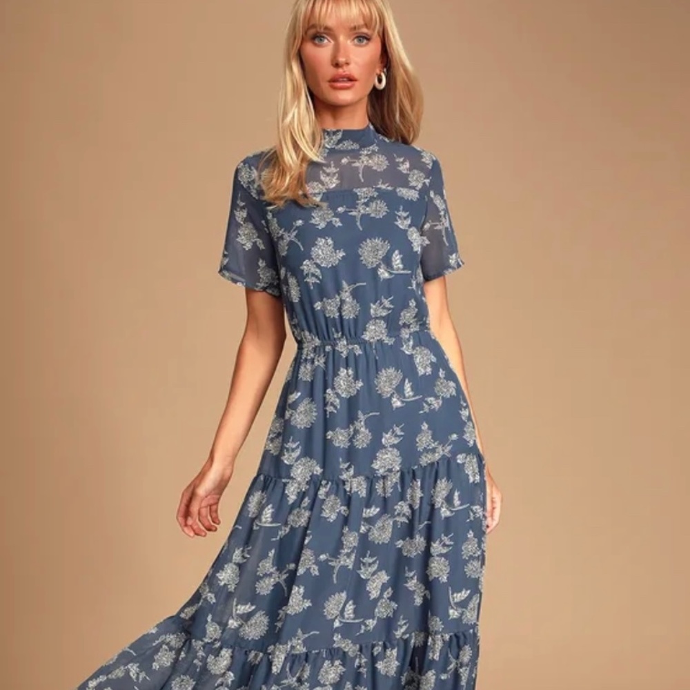 Floral Dressed Up Dusty Blue Floral Print Midi Dress